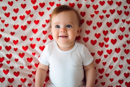 Cute little baby in white bodysuit on a blanket with red hearts. Baby bodysuit mockup.