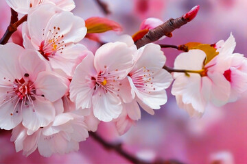Cherry blossom flower adorn the budding background with free spaces. several stalks cherry flowers branch.