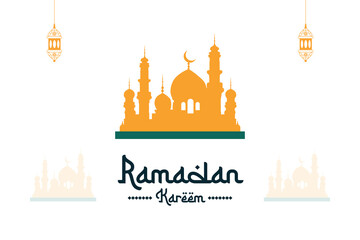 Ramadan kareem wishes or greeting card white background banner design with ramzan, ramazan, text, font, mosque with lamp, social media wishing or sale, advertisement, design vector illustration