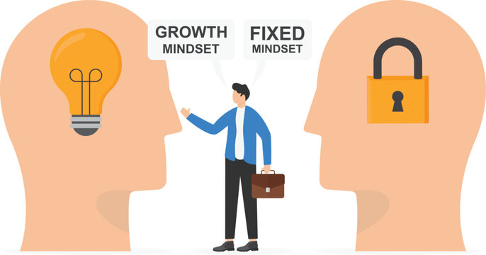 Businessman stood in the middle of two thoughts. Comparison between fixed mindset vs growth mindset. Modern flat vector illustration.

