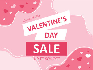 Valentine's day poster. Valentine's day banner. Happy Valentine's day. Romantic pattern. Post, social media template. Special offer, sale up to 50 % off