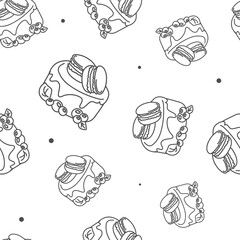 Vector illustration. Contour seamless pattern. Cakes, macaroons in sketch style. Hand drawn food elements. Desserts and sweets festive pattern for textiles, wallpaper, packaging, wrapping paper.