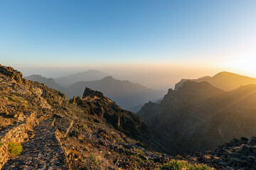 sunset on the mountains of the national park "Caldera de Taburiente" on the island of La Palma (Spain)