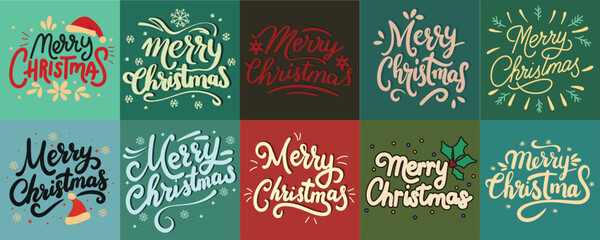 Collection of Merry Christmas inscription banner. Handwriting text banners set Merry Christmas lettering. Hand drawn vector art.