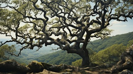Fototapeta premium A majestic oak tree stands tall in the outdoor landscape, its many branches reaching towards the sky as it overlooks the mountainous nature