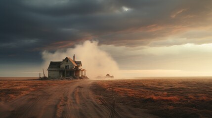 Fototapeta premium Amidst a vast landscape, a solitary house stands tall in the field, its sturdy frame a stark contrast against the stormy sky and swirling clouds above