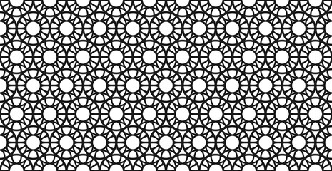Black and white grating of repeating openwork circles. Abstract endless texture with geometric ornament. Vector seamless pattern for wrapping paper, surface texture, print, laser and plotter cutting - obrazy, fototapety, plakaty