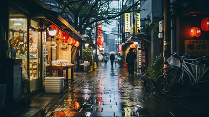 Fototapeta na wymiar Japanese night street photography on the traditional market with ambient light by Lampion professional photography AI Image Generative