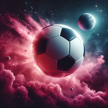 a photo realistic soccer ball as a planet in space with pink smoke and explosions generative ai