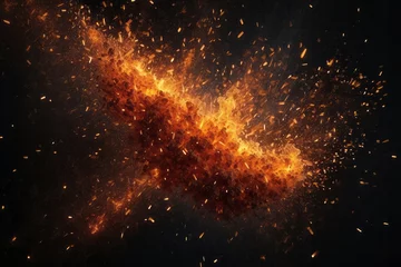  Fire embers particles over black background. Fire sparks background © Dhiandra