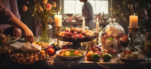 Fotobehang Easter feast preparation, family gathering, candlelight. Banner. © Postproduction