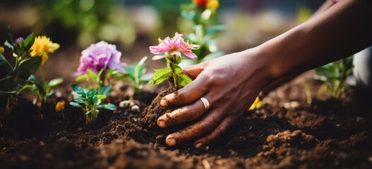 Fototapeta premium Woman plants flowers in garden soil. Gardening and connection with nature. Banner.