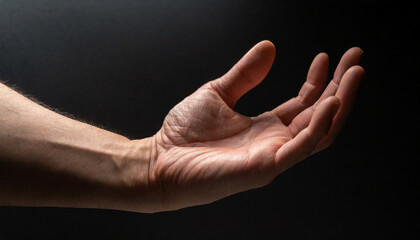 Hand receiving something, left hand, male, close-up, black background