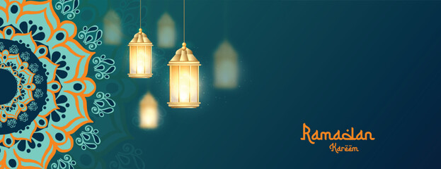 Ramadan Kareem wishes, wishing, or greeting banner Ramzan Islamic mandala background design with lamp, lantern, dark color social media banner, poster vector illustration - obrazy, fototapety, plakaty