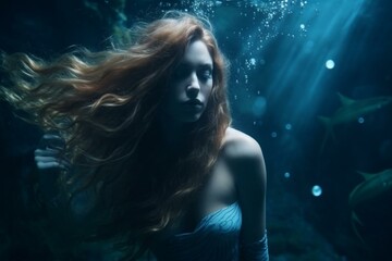 Obraz na płótnie Canvas beautiful mermaid with long hair underwater in blue tones. Generative AI