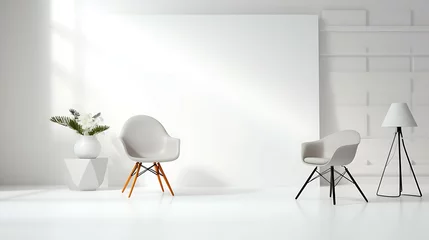 Fotobehang Minimalist white background with simple plant and chair use for product display and phot shot studio © Anditya