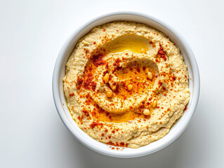 Hummus served in a bowl isolated on white background.