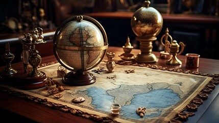 Map and globe open on the table with ornament navigation compas amd mini ship on the map classic vibes