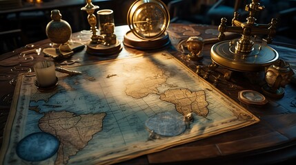 Map and globe open on the table with ornament navigation compas amd mini ship on the map classic vibes - obrazy, fototapety, plakaty
