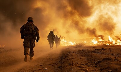  soldiers running through a fiery battlefield with smoke and flames engulfing the environment around them