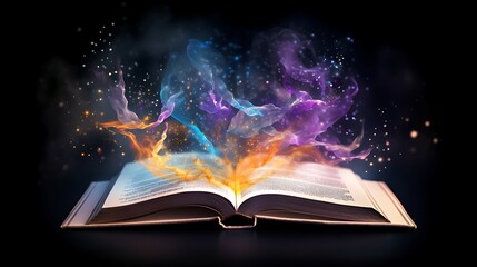 
Opened magic book, with floating dust purple, blue, yellow, orange, white sparkle and effect from book isolated AI Image Gnerative