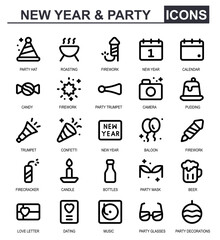 Party and New Year icon set. Outline style. Contains snacks, cakes, trumpets, confetti, New Year, party, balloons, fireworks, firecrackers, candles. Suitable for New Year and party use.
