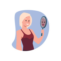 Blonde woman with an ugly face presents herself as a beauty, enjoying her reflection in the mirror, vector positive girl