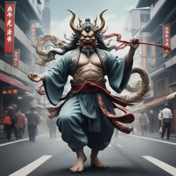 Fujin the God of Wind - Traditional Japanese deity controlling modern traffic flow in a stylized digital collage artwork. Gen AI