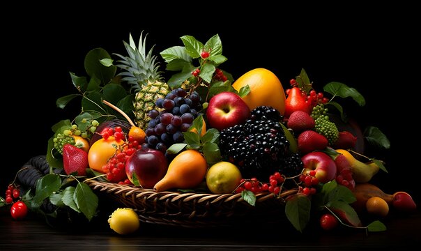 A Lot of fresh fruit in the basket, photography art high contrast professional studio isolated black background AI image generative