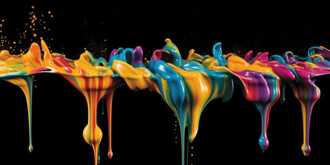 Colorful rainbow color acrylic paint flowing down over black background, dripping colorful liquid.