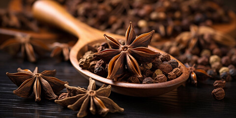 a close-up of crushed star anise and cloves,,
Raw Brown Organic Star Anise Spice,,
Cinnamon and Anise Stars in Moody Dark Setting
