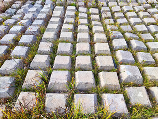 Rows of concrete cubes or rectangles on the bank of a river with grass. Breakwaters, protection...