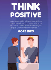 Think positive banner with man in front of mirror, flat vector illustration.