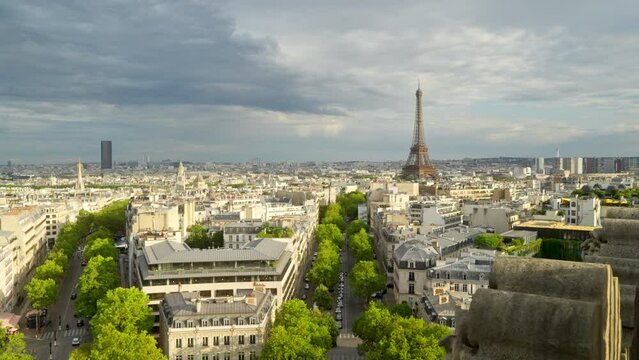 Static view of the Eiffel tower in Paris, France from the Arc de Triomphe on sunny day. Slow Motion 4k