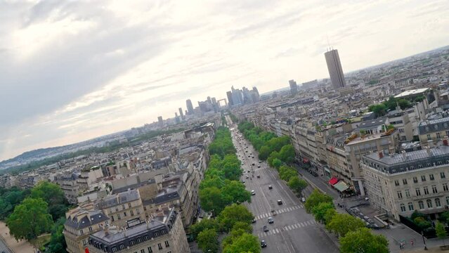 Rotating view of the downtown city center in Paris, France from the Arc de Triomphe. Slow Motion 4k
