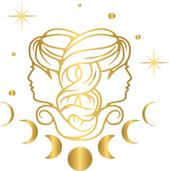 Golden Gemini zodiac sign, astrology symbol and horoscope vector illustration