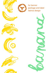 Cooking banana banner background with bananas seamless pattern border. Vector plantains illustration for label, banner, packaging design, paper tape.