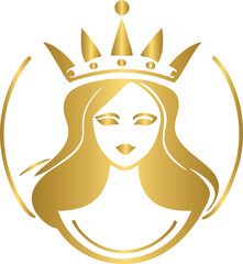 Golden beauty logo, spa, fashion, hair and health, girl with crown
