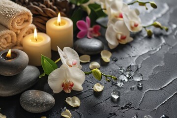 Fototapeta na wymiar Blumen, Steinen und Kerzen im Spa