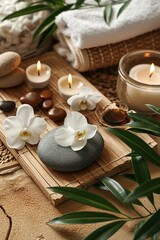 Fototapeta na wymiar Blumen, Steinen und Kerzen im Spa