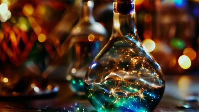 A curiously shaped potion bottle filled with glowing liquid, shining amidst a mystical ambiance.
