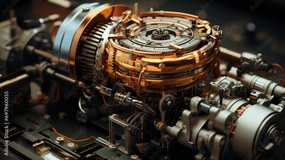 Fototapete intricate engineering of engines. engines in different settings, the setting ssymbolizing the comple