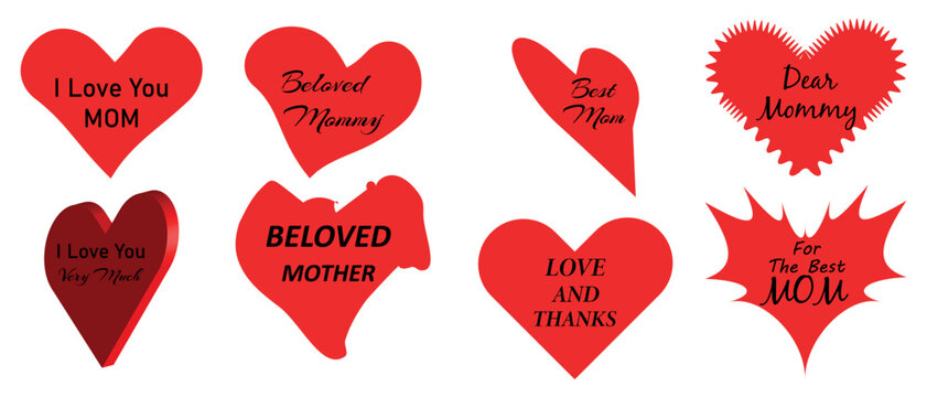 A set of typographic Mothers Day emblems and badges depicted on hearts of different shapes. Vector design elements for greeting cards, emblems, posters.