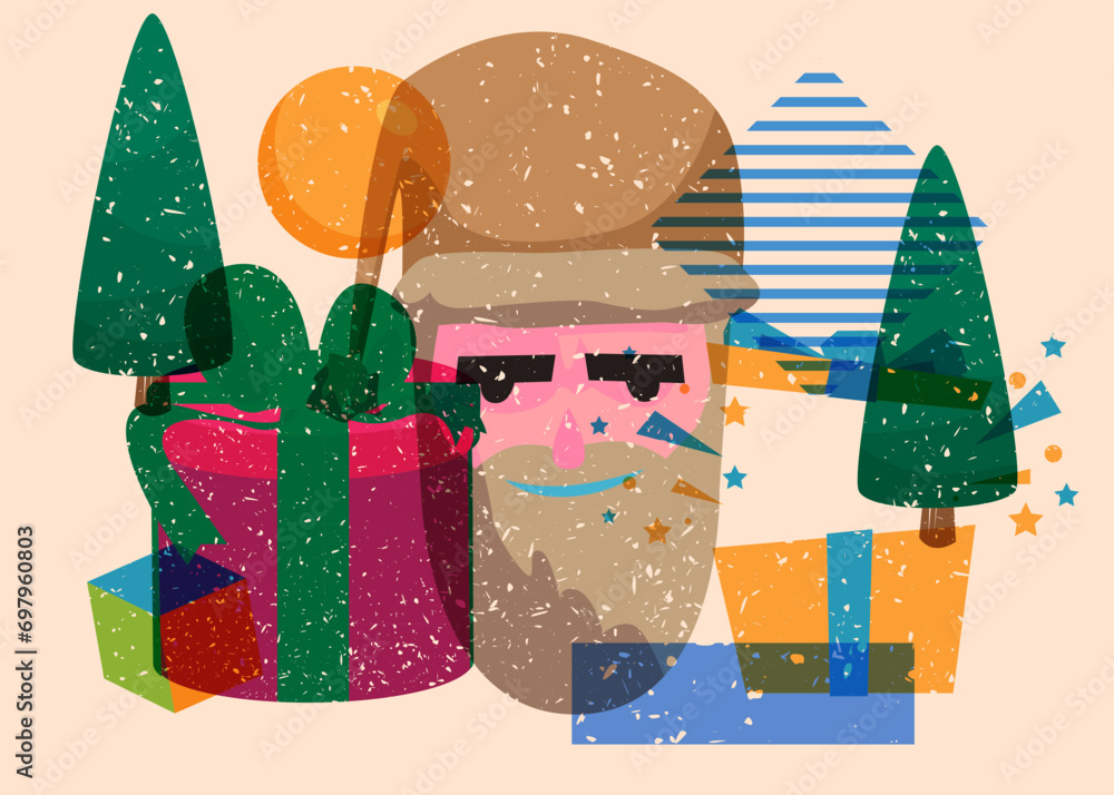 Poster risograph holiday, christmas with geometric shapes. pine tree, gift box, santa claus head with objec