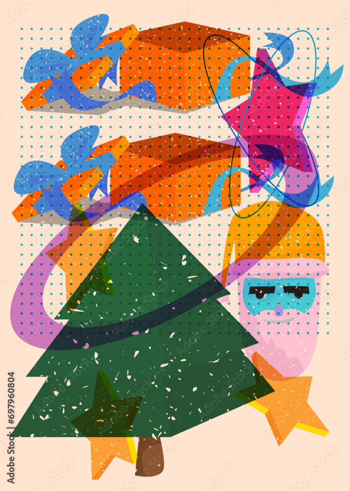 Poster risograph holiday, christmas with geometric shapes. pine tree, gift box, santa claus head with objec