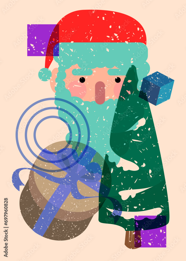 Poster risograph holiday, christmas with geometric shapes. pine tree, gift box, santa claus head with objec