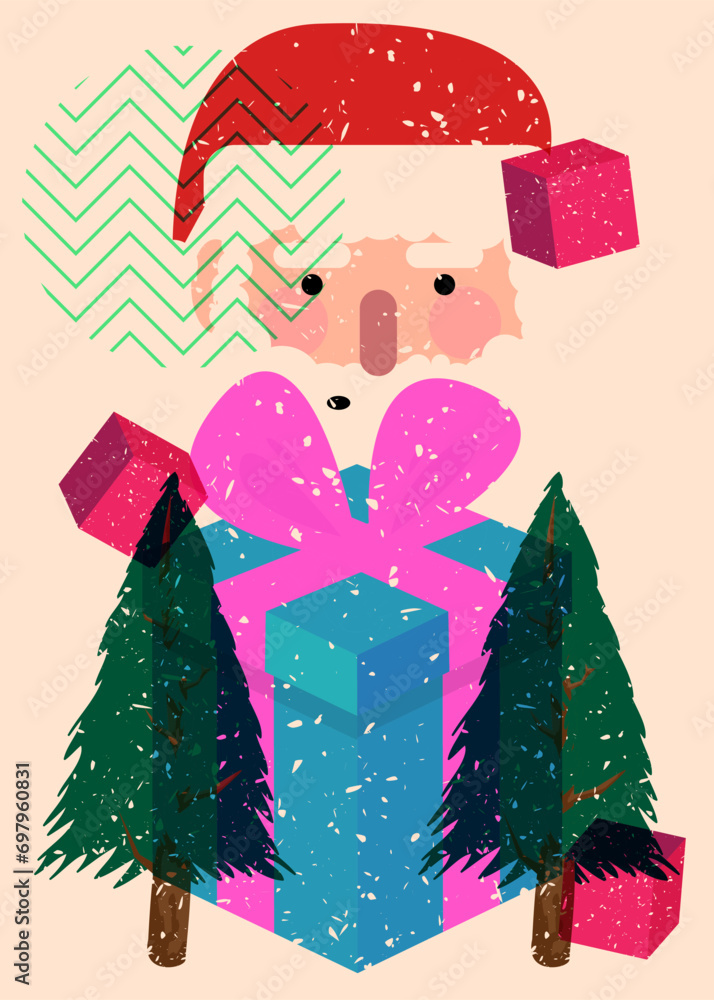 Poster risograph holiday, christmas with geometric shapes. pine tree, gift box, santa claus head with objec