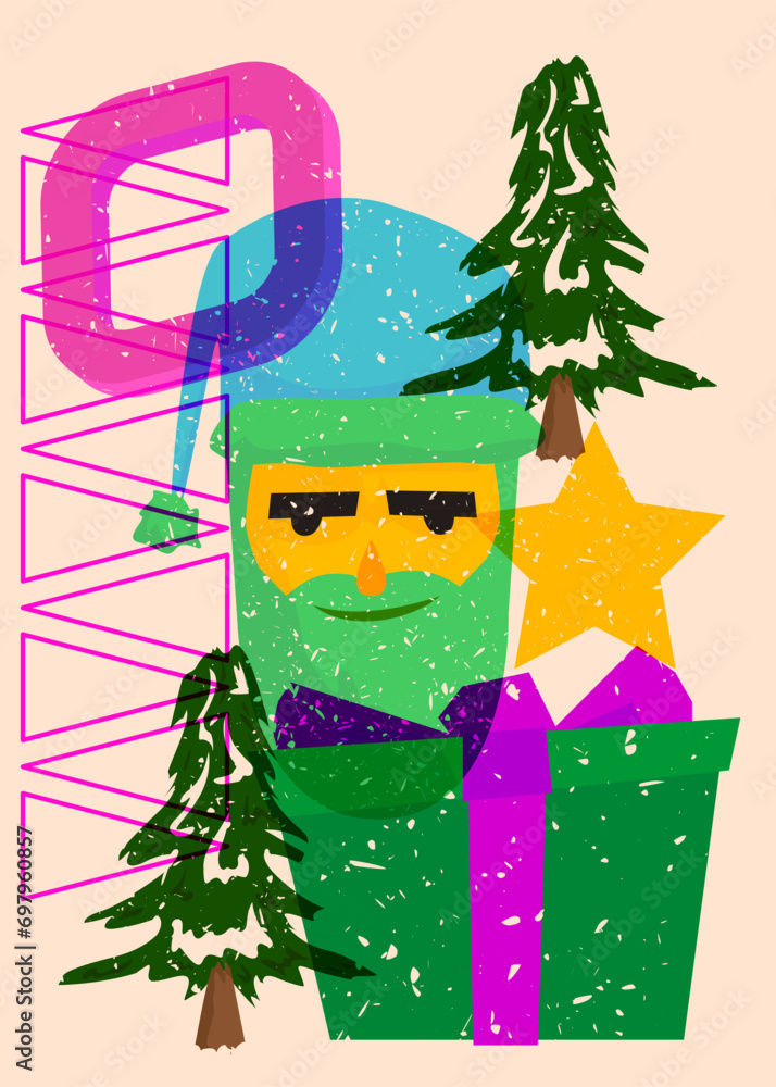 Poster risograph holiday, christmas with geometric shapes. pine tree, gift box, santa claus head with objec
