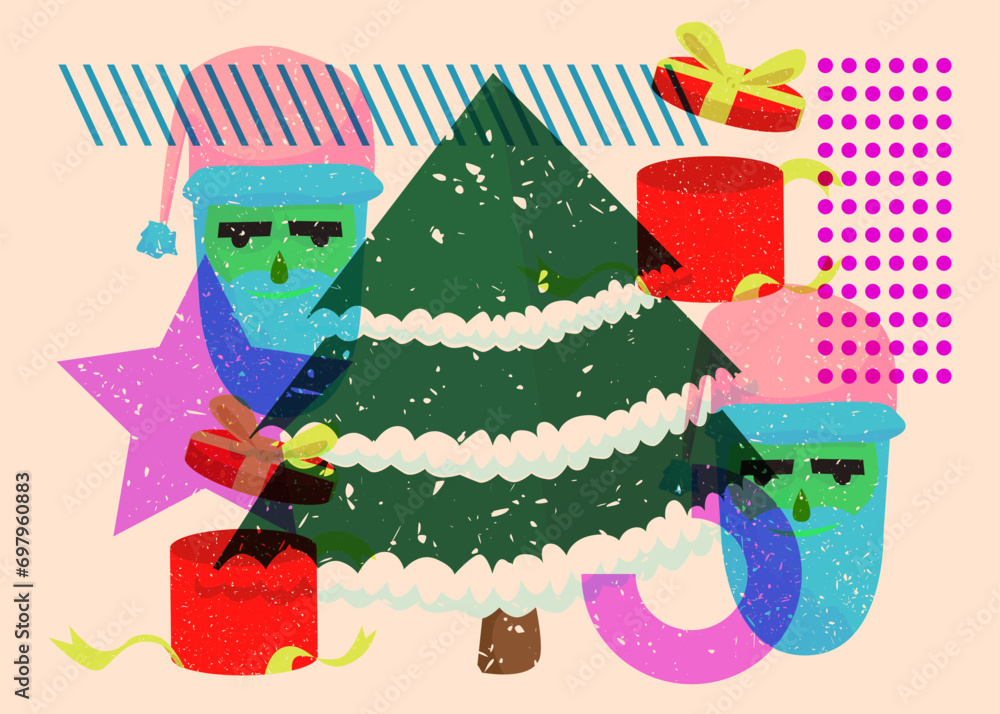 Poster risograph holiday, christmas with geometric shapes. pine tree, gift box, santa claus head with objec