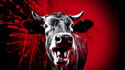 Sorrowful cow before slaughter against gruesome bloody backdrop in slaughterhouse embodies cruelty and sadness of meat industry, animal suffering in grim reality of slaughterhouses, meat eating - obrazy, fototapety, plakaty